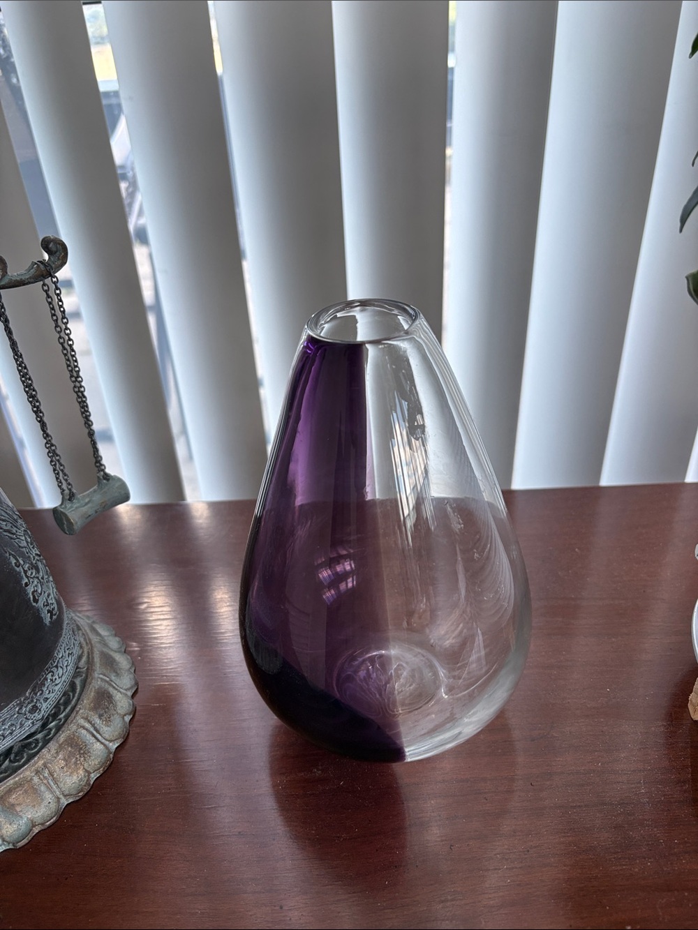 Retired Alskling Hand Made Purple and Clear Glass Teardrop Vase